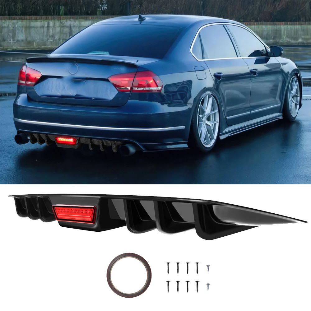 Gloss Black Rear Bumper Diffuser w/ LED Brake light For VW Passat B7 B8 CC