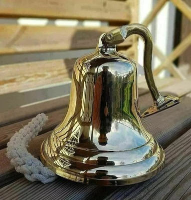Nautical Hanging Door Ship Bell Vintage Brass Big With Wall Mounted Bracket