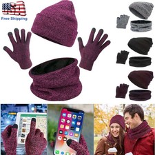 3Pcs/Set Women Men Winter Warm Beanie Knitted Hat Cap Scarf Touch Screen Gloves