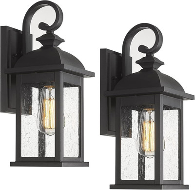 Matte Black Waterproof Outdoor Wall Sconce Lanterns with Seeded Glass - 2-Pack