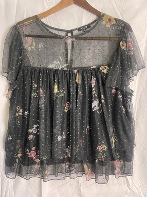 Willow young contemporary women s black floral sheer short sleeve blouse size 2X