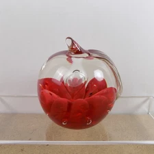 1976 Maude & Bob St Clair Red Apple Paperweight Art Glass Bubbles 4" Tall VGC