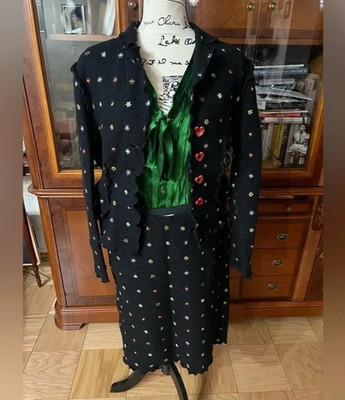 Moschino Embroidered  Black Floral Jacket & Skirt 2pcs Wool Suit. Sz 14 Italy