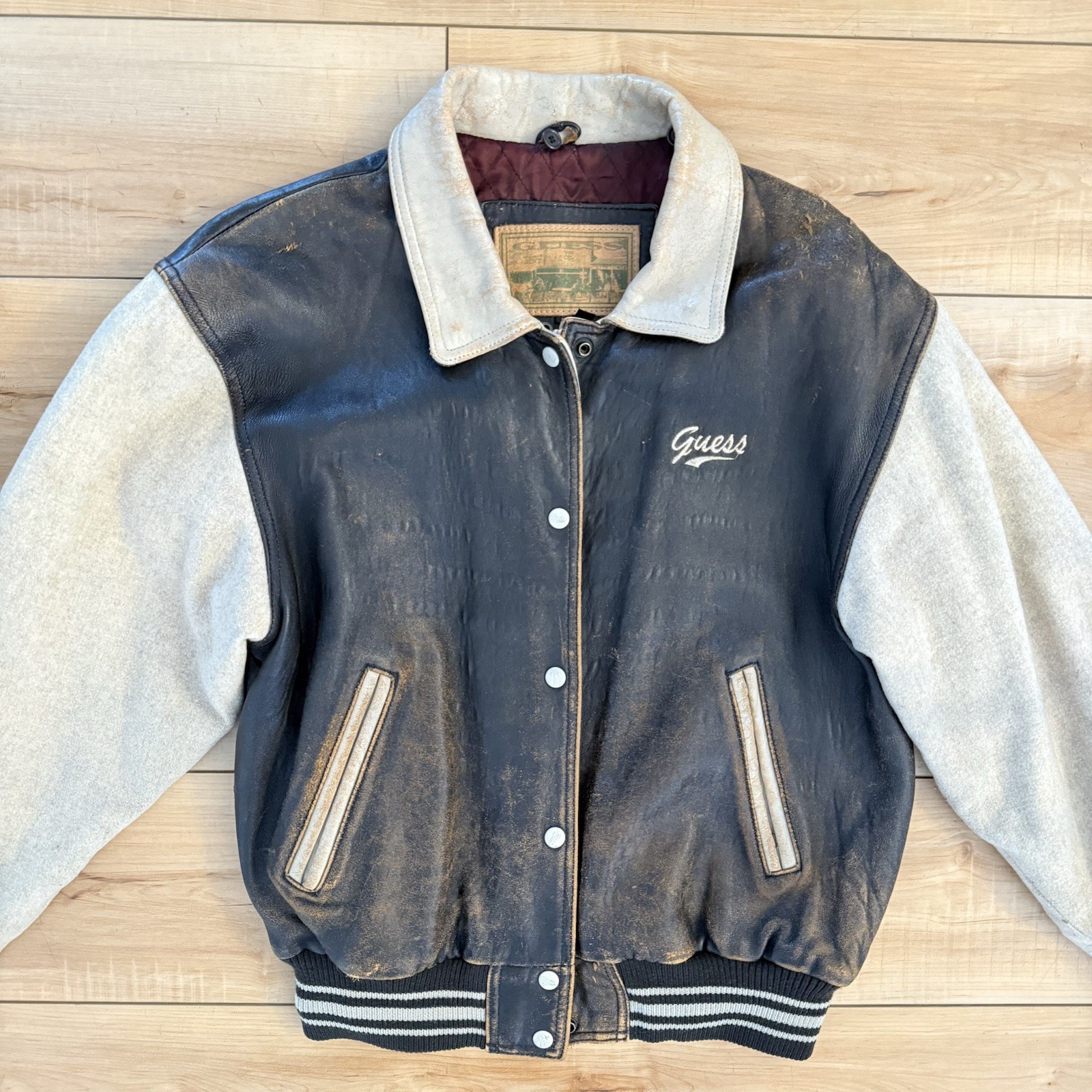 Vintage Guess Leather Bomber Varsity Jacket Men's M Embroidered Logo Red Brown image 3