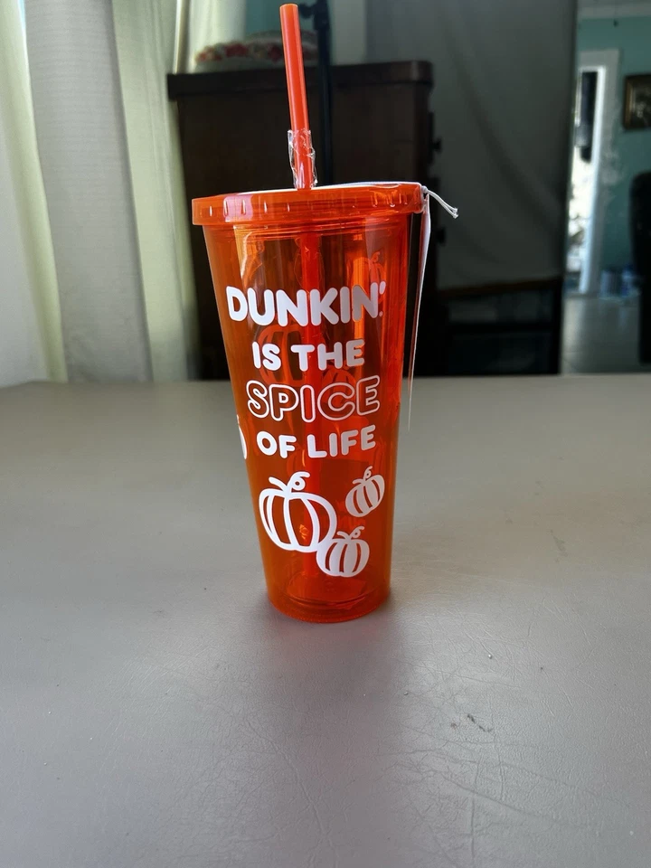 Dunkin Donuts Glow In The Dark Tumbler Cup Straw 24oz Orange Pumpkin Spice NWT - Image 3 of 4