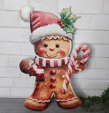 Christmas Gingerbread Boy Metal Wall Hanging Sign Santa Hat Glitter 20"x 12" NEW