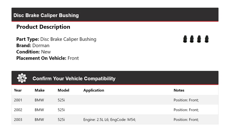 Buje de pinza de freno de disco delantero 2002 para BMW 525i Dorman 2001-2003 Foto 2 de 4