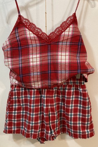COLSIE 2-teiliges Pyjama Set Shorts Camisole verstellbare Träger rot kariert Spitzenbesatz Damen S