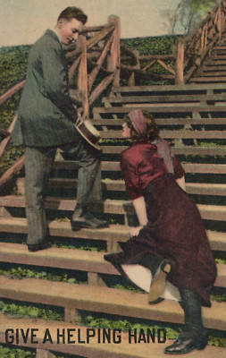 Young Lad Giving A Helping Hand on Stairs Divided Back Vintage Post Card