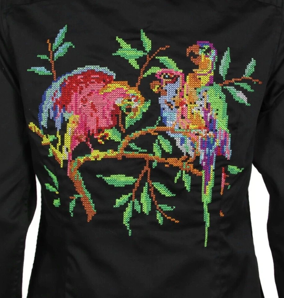 NWT ROBERT GRAHAM Priscilla Black Embroidered Parrot Button Shirt Top sz S /464 - Image 2 of 4