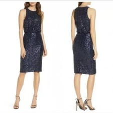SIZE 10 Eliza J Womens Navy Sequin Sleeveless Blouson Cocktail Dress BNWTS