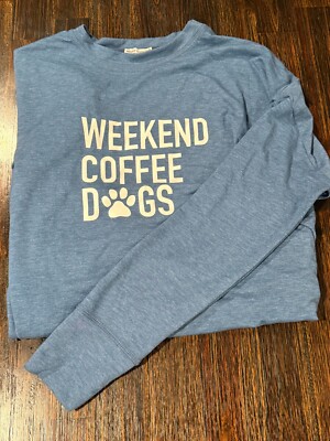 Weekends Coffee Dogs Long Sleeve Oversize Sweatshirt Blue Womens Size Large Soft