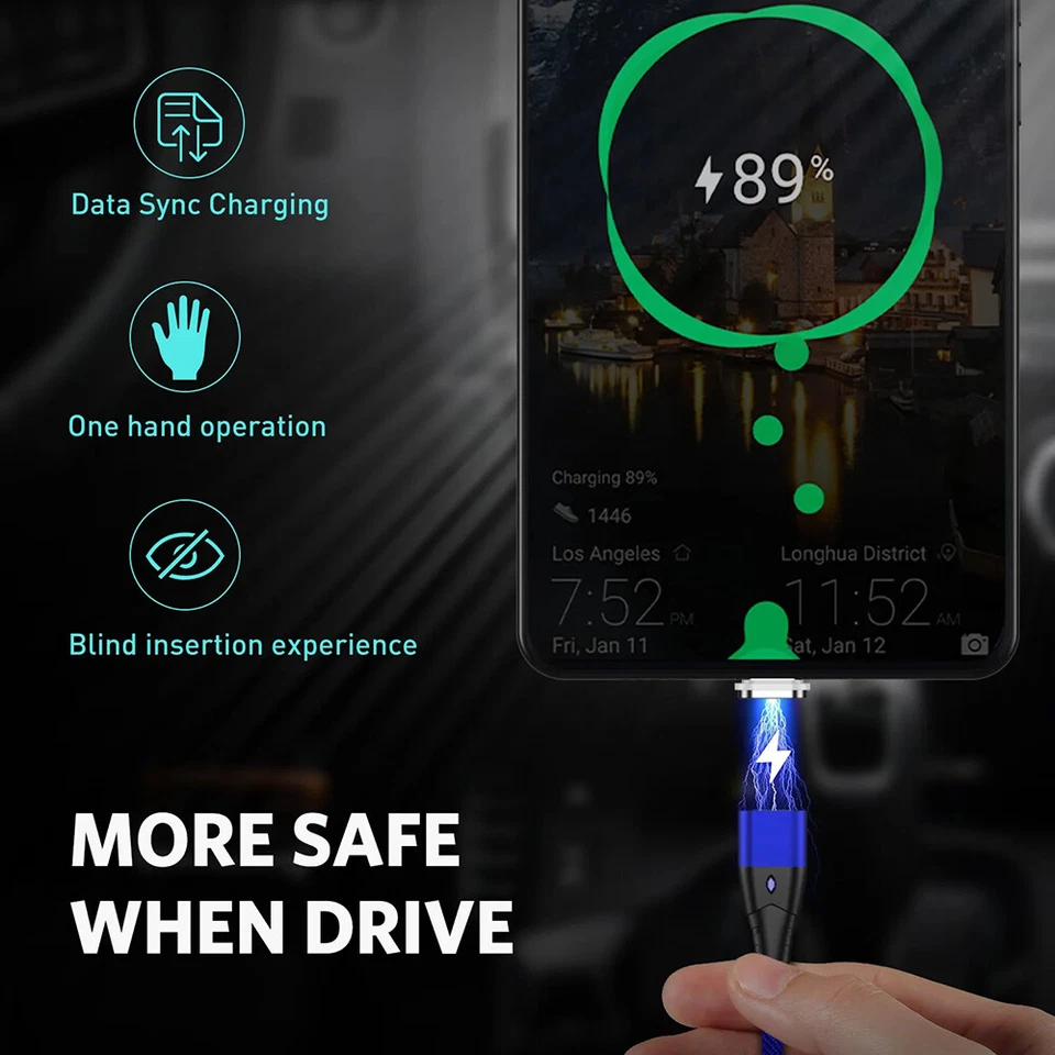 LED Type C Magnetic Charging Cable 3A Fast Charger Data Sync Cord USB C Cable - Image 3 of 4