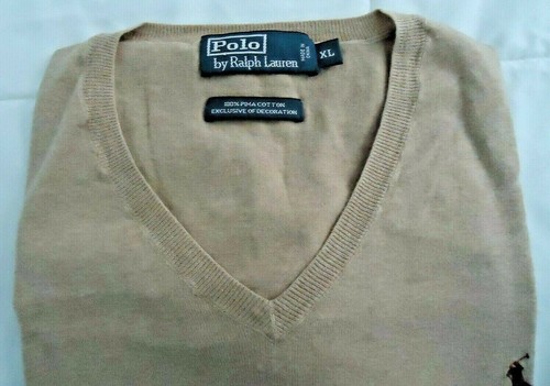 Suéter Polo Ralph Lauren Para Hombres Talla XL Beige Cuello en V Pullover 100% Algodón Pima - Imagen 1 de 6