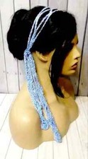 crochet womans handmade boho gypsy hair scarf tie wrap blue mantra USA made