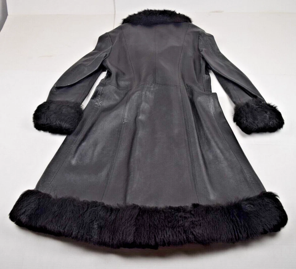 Vintage Leather Long Coat Herber Size S/M 80s Black Faux Fur Trim Made Spain - Image 4 of 4