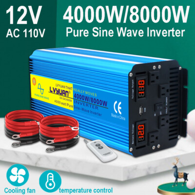 4000W 8000W Power Inverter Pure Sine Wave 4AC 12V to 110V 120V Converter Camping