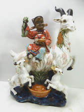 OLD CHINESE POTTERY HAND MADE STATUE BOY ON GOAT SANYONG KAITAI GOD OF WEALTH