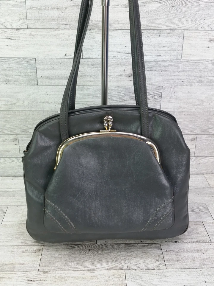 Bolso de hombro vintage gris Kisslock bolso de mano charol vinilo gris años 50 cartera Foto 3 de 4