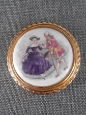 Vintage Scarf clip. Painting Of Victorian Man &Woman love story. Round gold Tone