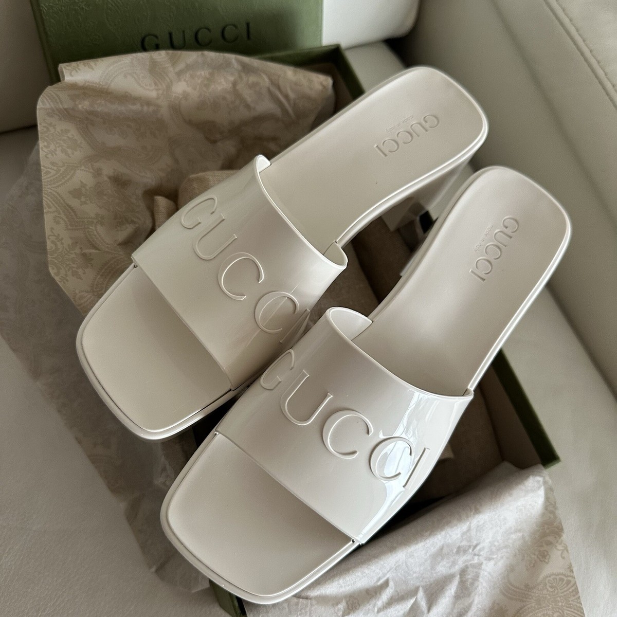 NEW Gucci White Rubber Slide Block Heel Sandals Size 41 | eBay
