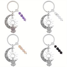 1box 4pcs Round Beaded Keychain with Alloy Pendant and Iron Findings Moon  Sun