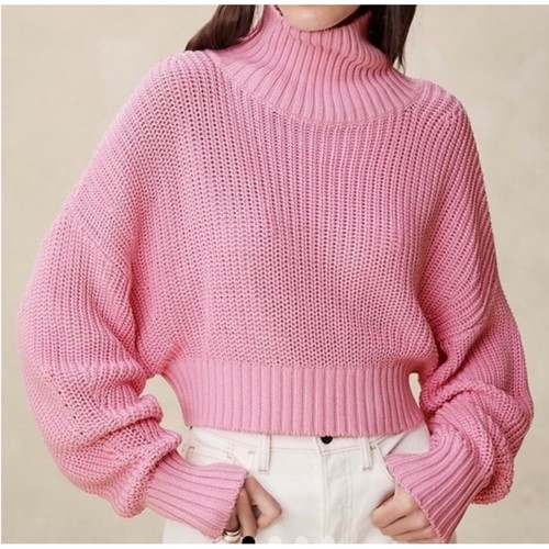 Banana Republic Janie Cropped Turtleneck Sweater Womens Large Pink Chunky Cotton