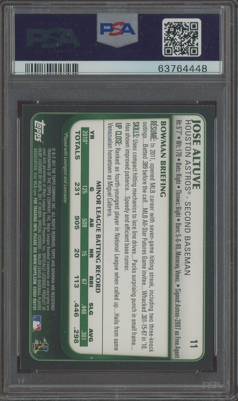 Jose Altuve Signed 2011 Bowman Draft #11 Astros RC Rookie PSA/DNA 10 AUTO view 2