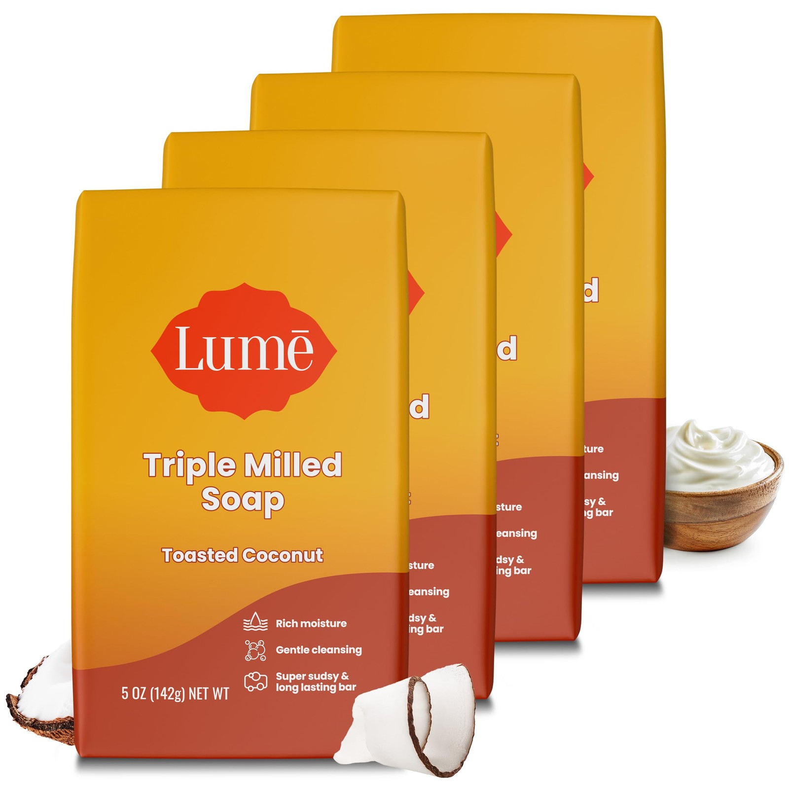 Lume Triple Milled Bar Soap 5oz 4 Pack Toasted Coconut Aluminum Free