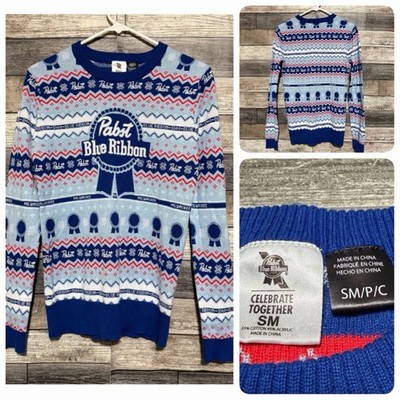 Pabst Blue Ribbon Small Fair Isle Knit Sweater Women s S Blue Pullover A7