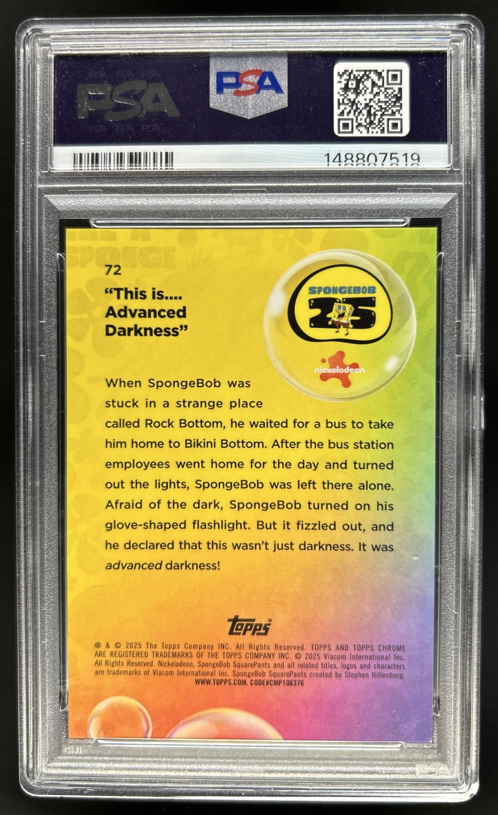 2025 Topps Chrome SpongeBob Sapphire This is Advanced Darkness Red #/5 PSA 10 view 2