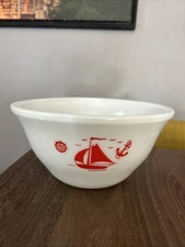 Vintage McKee Milk Glass 9" Mixing Bowl Sailboat Anchor Ship's Wheel 1930s