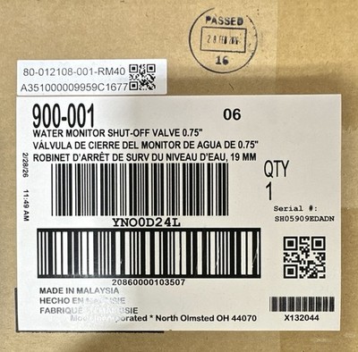 Water Monitor Shut-Off Valve 0.75 in for Water, MPN 900-001, Qty 1