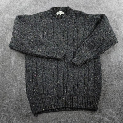 Vintage Country Trader Pullover Herren Large Grau Wolle Grobstrick Zopfmuster Gesprenkelt