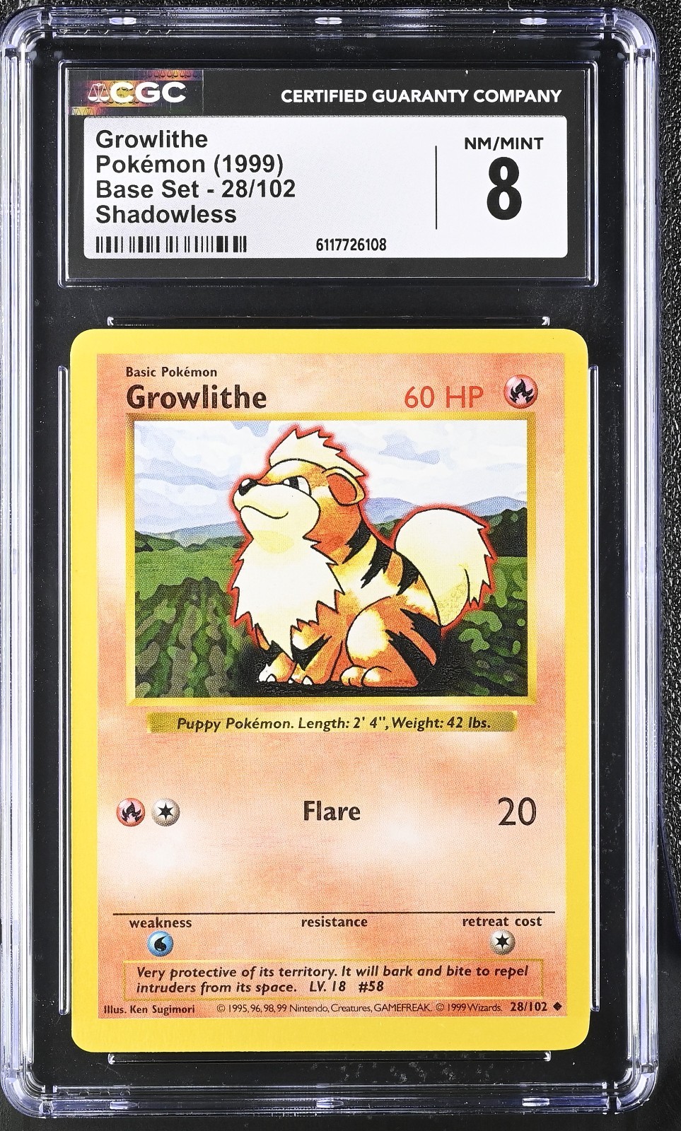 Pokemon Card Growlithe 28/102 Shadowless Base Set 1999 CGC 8 NM/M