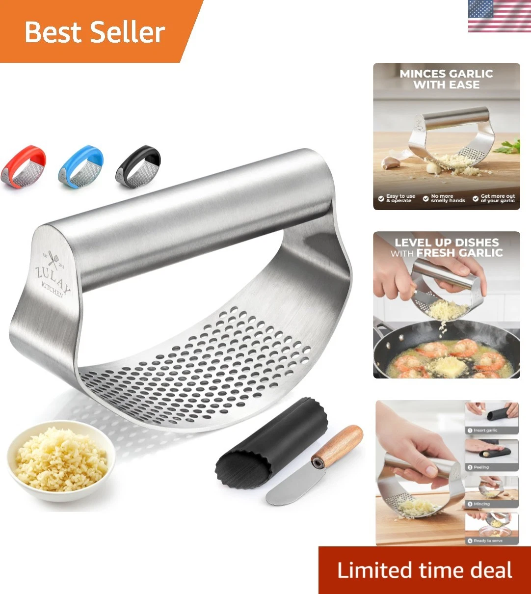 Effortless Stainless Steel Garlic Press Rocker Set - Includes Peeler & Scraper