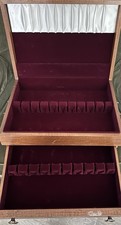Vintage Wooden Silver Flatware Chest With Anti-Tarnish Brass Handles On drawer