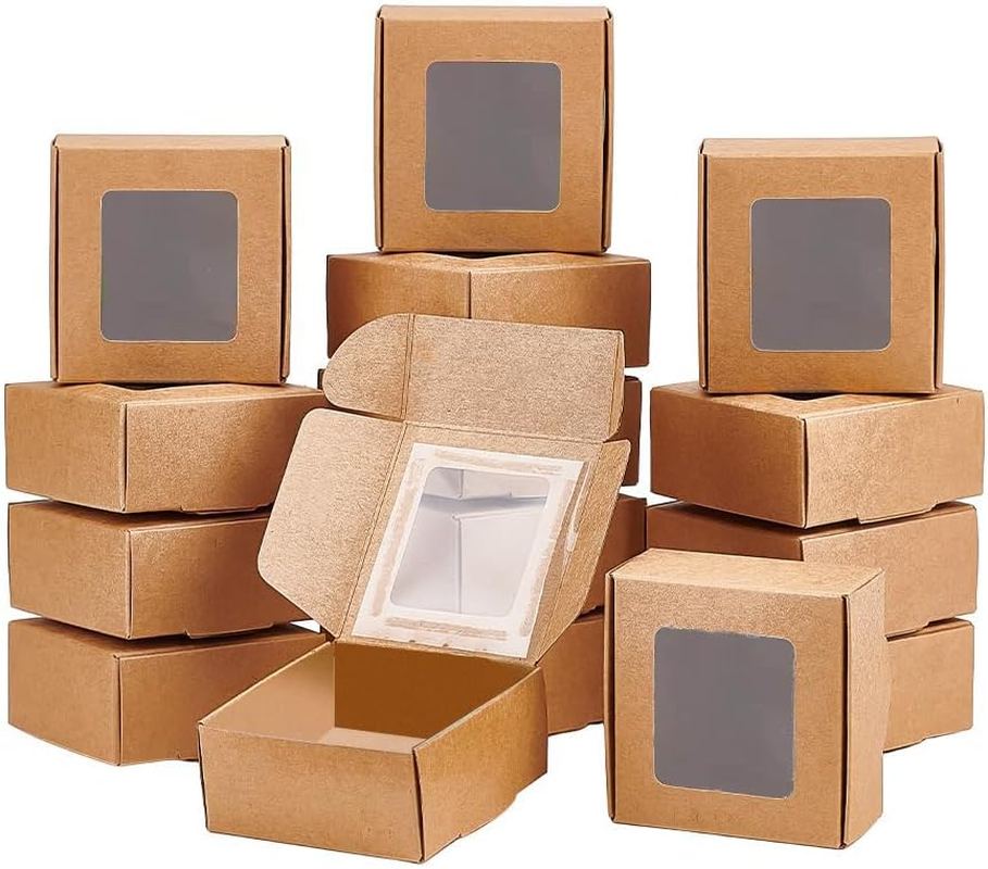 30 Pack Kraft Paper Boxes with Clear Window 6.5X6.5X3Cm Burlywood Gift Packaging