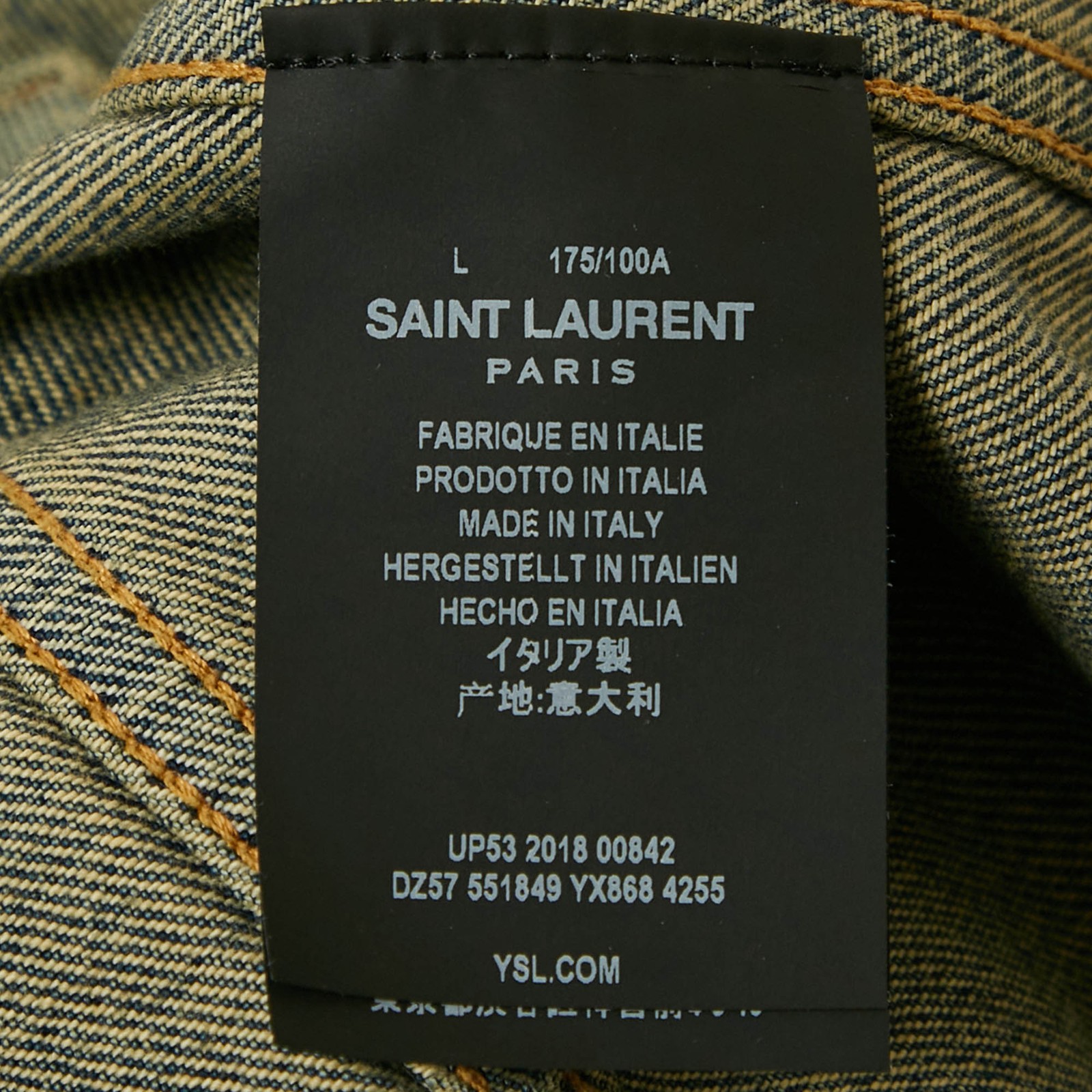 Giacca Saint Laurent blu denim lavato colletto pelle bordata L