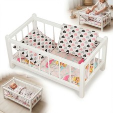 Lit poupée bois blanc + matelas + cœurs rouges – jouet