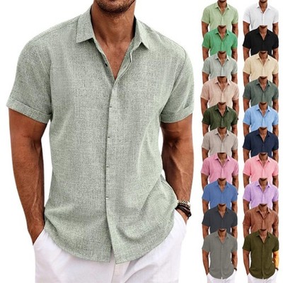 Freizeithemden Sommer Herren Kurzarm Hemd Button Down Leinenhemd Strand Shirt