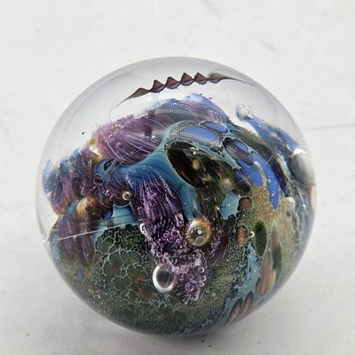 Signed Josh Simpson Art Glass Inhabited Planet Ocean Scene 2