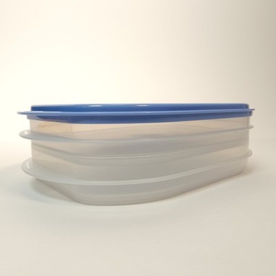 Tupperware 3 Piece Deli Keeper Stackable Sheer Containers w/ Blue Lid Pre-Owned