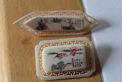 2 Vintage Chinese Carved Hand painted Brooch Pins