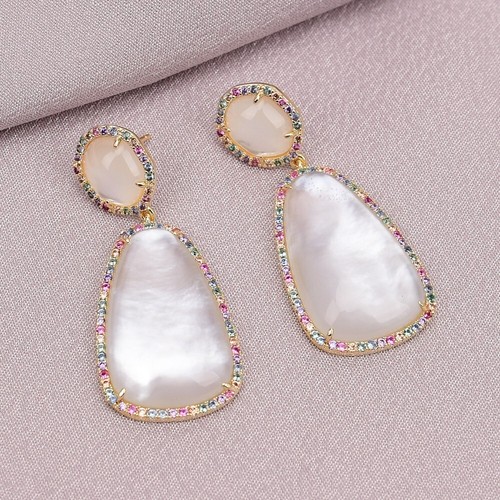 Natural White Sea Shell Pearl Mix Color Zircon CZ Paved Stud Dangle Earrings - Picture 7 of 10