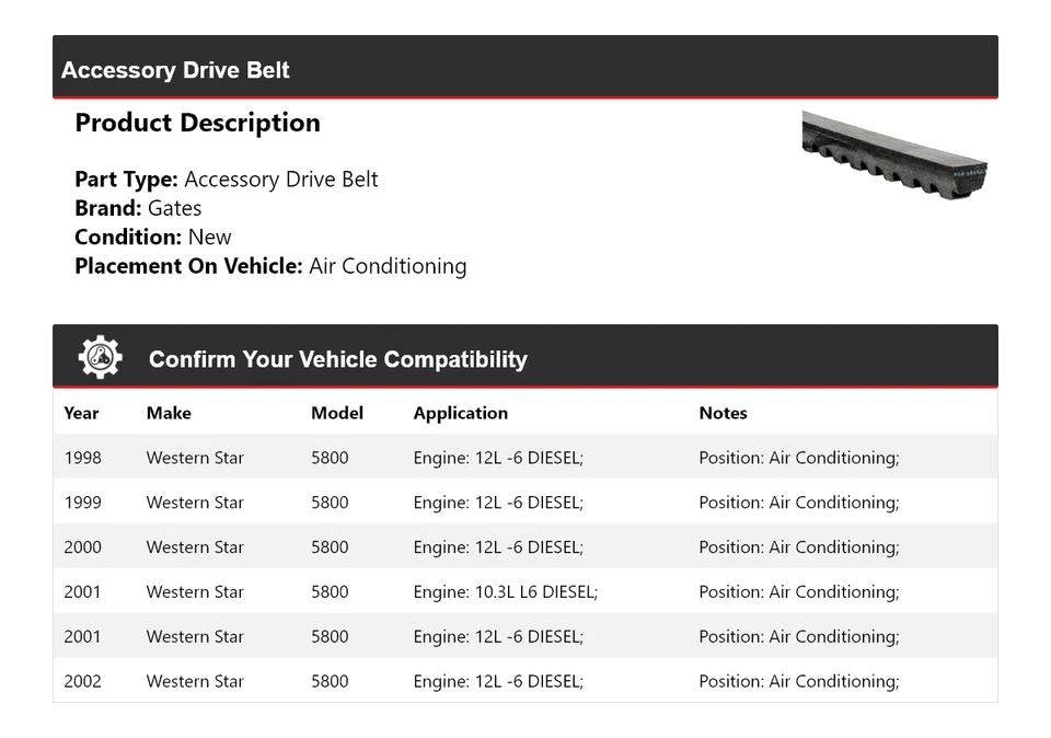 Correa de transmisión de accesorios Western Star 5800 1998-2002 puertas de aire acondicionado 1999 Foto 2 de 4