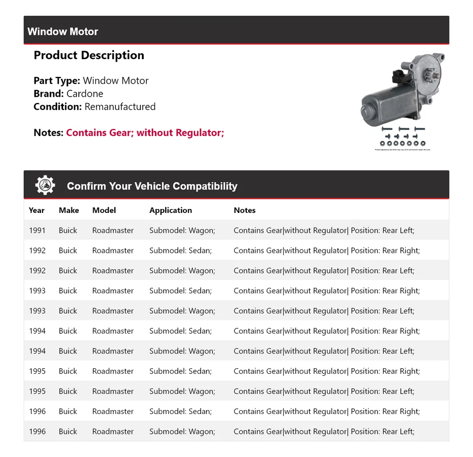 Para Buick Roadmaster 1991-1996 Ventana Motor Cardone 1992 1993 1994 1995 Foto 2 de 4