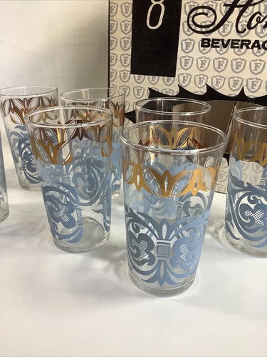 Set of 8 Vtg Federal Glass Homestead Glasses S-251 Pembrook in Box Blue & Gold