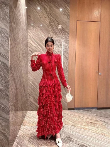 OFF WHITE Abiti donna eleganti manica lunga collo alto fiocco stampa pois vita