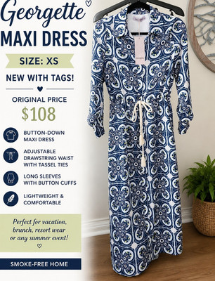 Georgette Maxi Dress XS NWT Boho Resort Blue White Mosaic Shirt Dress Tassels